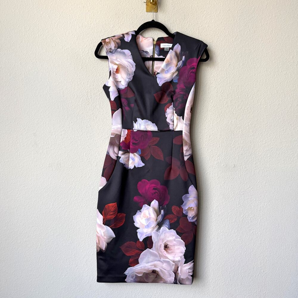 Calvin Klein Dark Floral Scuba Knit Sheath Dress Size 2 - Picture 2 of 5